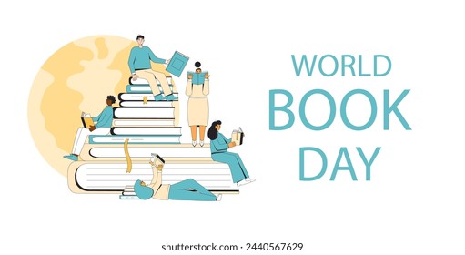 Plantilla de banner del Día Mundial del Libro y el Derecho de Autor. Amantes de la lectura en la biblioteca. Vacaciones de aprendizaje y educación. Ilustración plana vectorial.