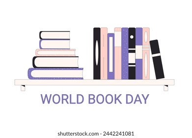 World book and copyright day banner template. Reading lover. Stack of literatures on bookshelf. Learning and education holiday. Vector flat illustration.