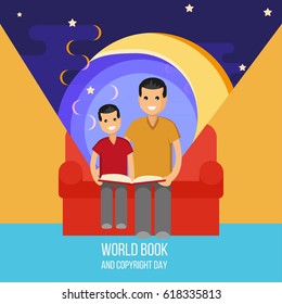 World book and copyright day. Father and son read the book.