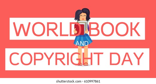 World Book and Copyright Day Horizontal Banner Wtih Reading Girl. Vector