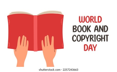 World Book and Copyright Day. Open book with hand on white background. Reading vector illustration.