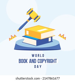 Antecedentes en los afiches del Día Mundial del Libro y el Derecho de Autor, que se celebra el 20 de abril de cada año para promover la lectura, la publicación y los derechos de autor. Pila de libros con imagen vectorial de icono de martillo o martillo de ley.