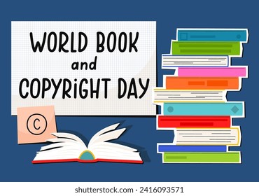World book and copyright day. Stack of books with open book. Education vector illustration.