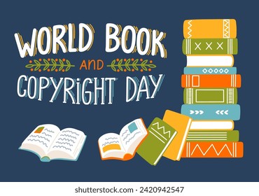 World book and copyright day. Stack of books with open book. Education vector illustration.
