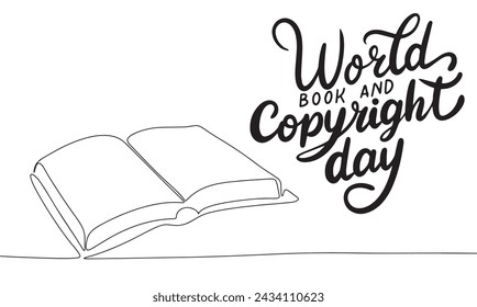 World Book and Copyright Day text banner with line art open book. Hand drawn vector art