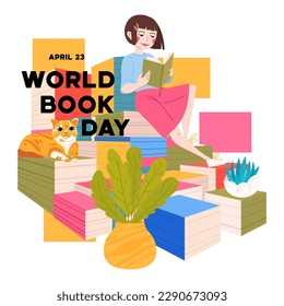 World Book Day, 23 april. Young girl reading book, red cat. Book lovers, fans of literature. Flat vector illustration isolated on white background