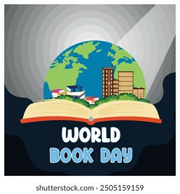 World book day 23 april. Stack of colorful books with open book on teal background. Flat vector modern illustration 