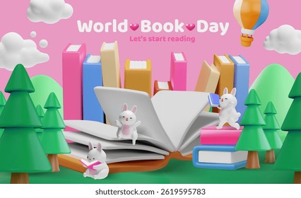 World book day 3D plastic style vector banner design. Happy bunnies reading books on nature landscape. Render books, literature with fir trees and air balloon. Library shop. Cartoon booklover concept
