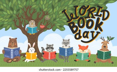 World book day. Animals read books under big tree in the forest. Owl, deer, raccoon, fox, wolf, hare and bear. Hand drawn lettering. Children illustration, literature, storytime, education concept. 