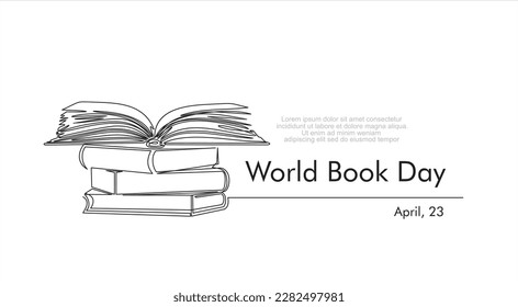 World book day. April, 23. Continuous one line drawing of  books stack minimalist vector design on white background. Isolated simple line modern graphic style. 