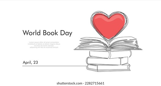 World book day. April,23. Books stack, Open book and heart, continuous line vector illustration. one line vector drawing of a book and a heart