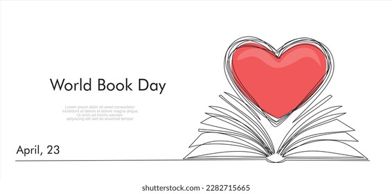 Día mundial del libro. Abril 23. Dibujo continuo de una línea de un libro abierto con páginas voladoras y corazón. Ilustración del vector 