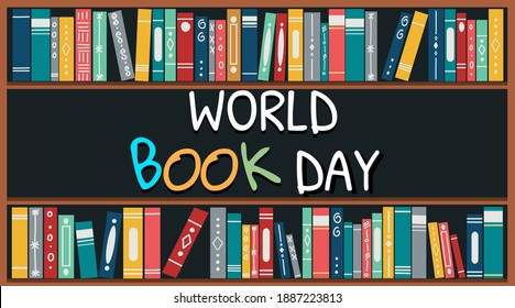 World book day. back to school library. Set of different book spines on dark background. Banner, header for website. Vector illustration flat design.