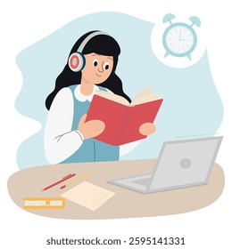 World Book Day. Back to school. Woman, girl, student, pupil sitting and reading a book at the table with and without headphones. Global education concept, study abroad, international schools. 