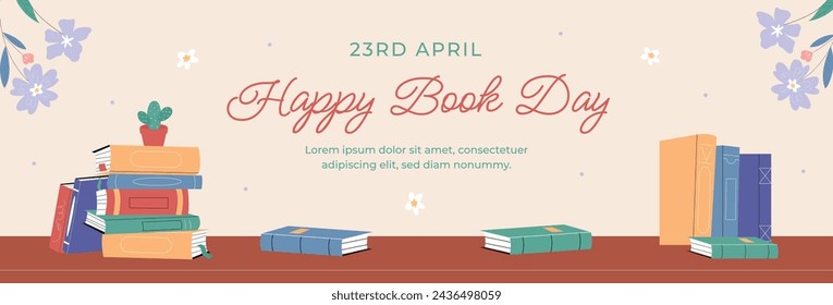 World Book Day background. World Book Day Celebration. April 23. Cartoon Vector illustration design for Poster, Banner, Flyer, Greeting, Card, Post, Cover, invitation. Stack of books. Happy Book Day.