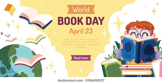 World Book Day background. World Book Day Celebration. April 23. Cartoon Vector illustration design for Poster, Banner, Flyer, Greeting, Card, Post, Cover, invitation. Stack of books. Happy Book Day.