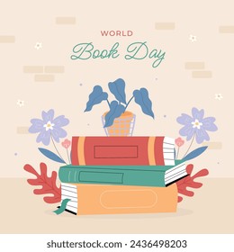 World Book Day background. World Book Day Celebration. April 23. Cartoon Vector illustration design for Poster, Banner, Flyer, Greeting, Card, Post, Cover, invitation. Stack of books. Happy Book Day.