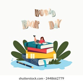 World Book Day background. World Book Day Celebration. April 23. Cartoon Vector illustration design for Poster, Banner, Flyer, Greeting, Card, Post, Cover, invitation. Stack of books. Happy Book Day.