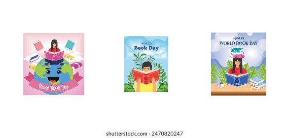 World Book Day background. Celebration of World Book Day. April 23. Cute Girl with books. Set flat vector modern illustration 