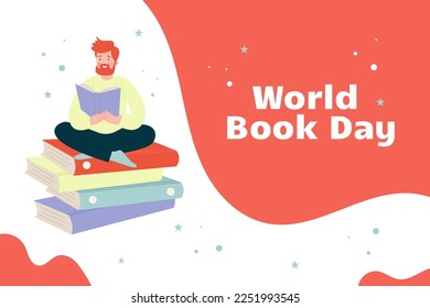 World Book Day background. Man reading a book and sitting on books