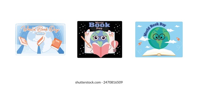 World Book Day background. Open book with astronomy icons World book day. World Book Day with stack of books. Set flat vector illustration 