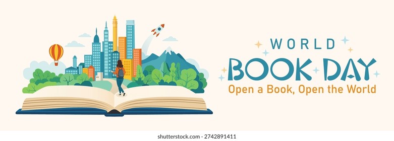 World Book Day banner. Flat vector design of World Book Day with open book transforming into modern city and nature landscape. Vector Illustration.