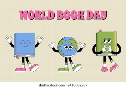 World book day banner. Funky character books and globe Earth with psychedelic smile. Retro mascot cartoon style. Book reading festival, bookstore. Vector illustration