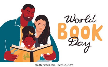 World Book Day banner with happy family.Dad, mom and daughter read book together. Young parents  with  child in fun and love. Mother, father and baby with storybook.Flat vector illustration on white.