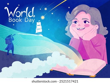 Dia Mundial do Livro. Banner com menina feliz lendo interessante história de aventura. Criança adora literatura. Cartão de saudação para comemorar o feriado do Livro Internacional. Ilustração de vetor de desenhos animados