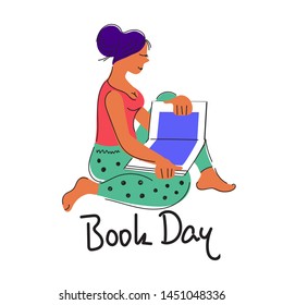 World Book Day banner or logo element with  reading  woman and lettering. Design for a book festival and fair with the image of a reader or literature lover vector illustration isolated.