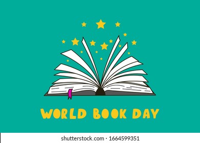 World book day banner with open book. Hand drawn book with yellow stars flying out. Open magic book. 