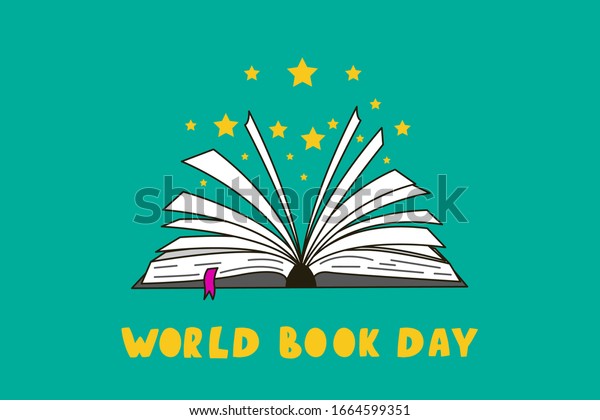 World book day banner with\
open book. Hand drawn book with yellow stars flying out. Open magic\
book. 
