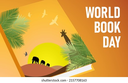 World Book Day banner, safari jungle as book cover, creative, modern, animal silhouettes, elehpant, giraffe, birds, sunset background. Celebrated in April 23. Editable. Vector Illustration. 
