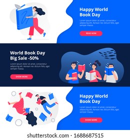 World book day banner set. Vector flat illustrations with young happy people reading books. World book day concepts.