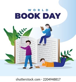 Banner del Día Mundial del Libro, Juego de personas fanáticas de la literatura con libros ilustraciones planas vectoriales.