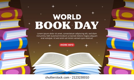 Cartel del Día Mundial del Libro con un libro abierto brillante y una pila de libros