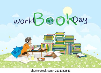 World book day banner with Stack of book, Kid boy sitting reading book having picnic on grass field,Vector Cute cartoon Schoolchildren relaxing outdoor on Book week, Back to school, Education concept 