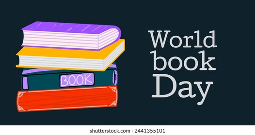 World book day banner.
Stack of different colorful books. 
23 April International 
book and copyright day. Vector illustration in flat style. 