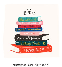 World book day. Bestseller books. Stack of books isolated on a beige background. Pile of colorful books. Hand drawn educational vector illustration