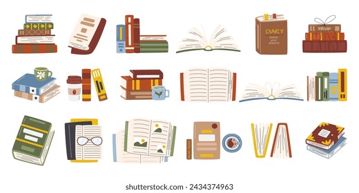 Día Mundial del Libro gran colección aislada en blanco. Conjunto de lectura lindo. Educación y elementos de diseño de concepto de estudio. Pila de libros, pila de libros de texto y diario. Ilustración de vector plano dibujado a mano de ocio