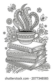 World Book Day. Books and coffee for a good rest. Detailed doodle coloring for adults