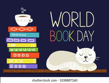 World book day. Books stack with cup of tea and white sleeping cat. Vector illustration