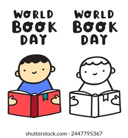 World book day. Boy reading book. Flat and outline design. Hand drawn vector illustration on white background.