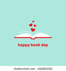 World book day card. Open book with red cover and red hearts flying out. Isolated on turquoise background. bibliophile flat icon. Vector illustration. Love reading logo. 