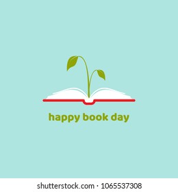 World book day card. Open book with green sprig and leaves. Flat reading icon isolated on turquoise background. Vector illustration. Idea and inspiration logo. Power of knowledge and education