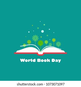 World book day card. Open book with green flowers sprigs. Flat reading icon isolated on turquoise background. Vector illustration. Idea and inspiration logo. Power of knowledge and education