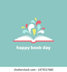 World book day card. Open book with red book cover and paint drops flying out.  Isolated on powder blue background. Flat icon. Vector illustration. Creative, imagination, fantasy. Education logo. 