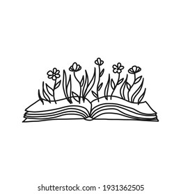 World book day card. Open book with flowers sprigs. Conceptual illustration of write your own future. Vector concept for bookstore, literature club or library. Sketch illustration.