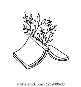 World book day card. Open book with flowers sprigs. Conceptual illustration of write your own future. Vector concept for bookstore, literature club or library. Sketch illustration.
