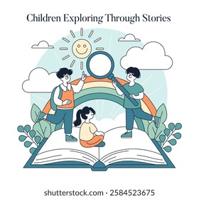 World Book Day is celebrated as children explore the world of stories through imaginative adventures. This illustration shows kids engaging with a giant book under a rainbow. Reading opens doors to